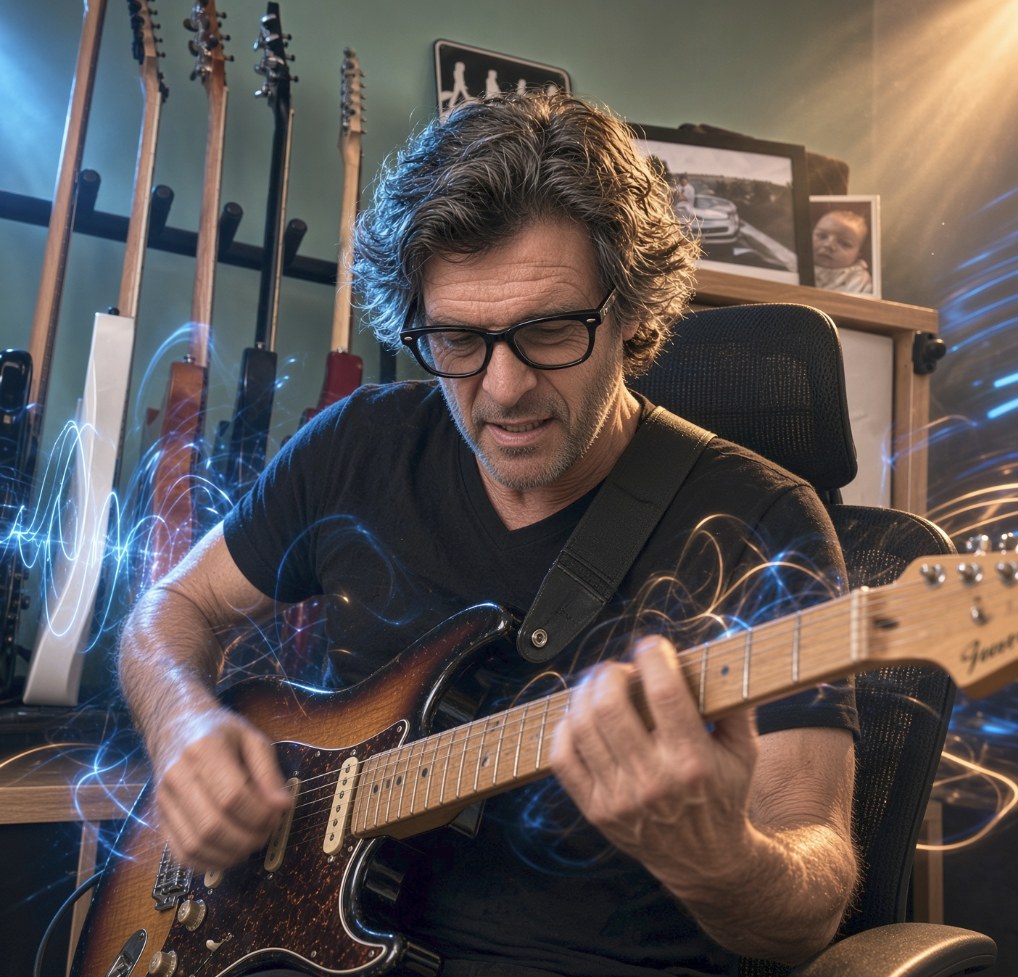 Albert White with a Stratocaster in the studio